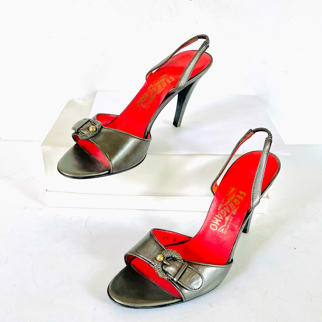 Ferragamo Platinum Metallic Slingback Sandals 8.5